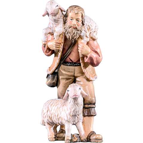 Pastore con 2 pecore per Presepe ''Rives Krippe'', Statuina in Legno Dipinto a Mano, Adatta a Presepe Linea 15 Cm - Demetz Deur
