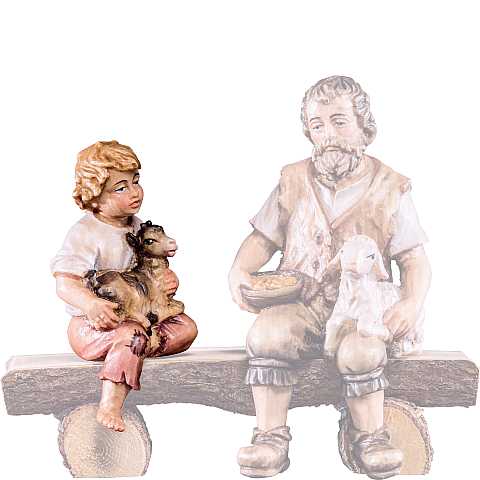 Fanciullo seduto con capretto ''Rives Krippe'', Statuina in Legno Dipinto a Mano, Adatta a Presepe Linea 15 Cm - Demetz Deur