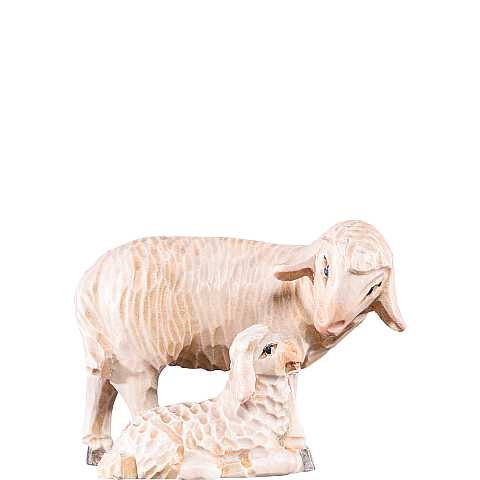 Pecora con agnello ''Rives Krippe'', Statuina in Legno Dipinto a Mano, Adatta a Presepe Linea 15 Cm - Demetz Deur