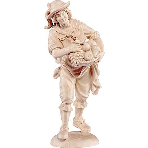 Ragazzo con frutta - Demetz - Deur - Statua in legno dipinta a mano. Altezza pari a 15 cm.