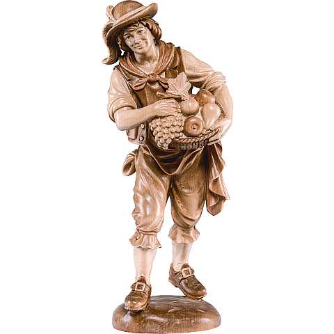 Ragazzo con frutta - Demetz - Deur - Statua in legno dipinta a mano. Altezza pari a 20 cm.