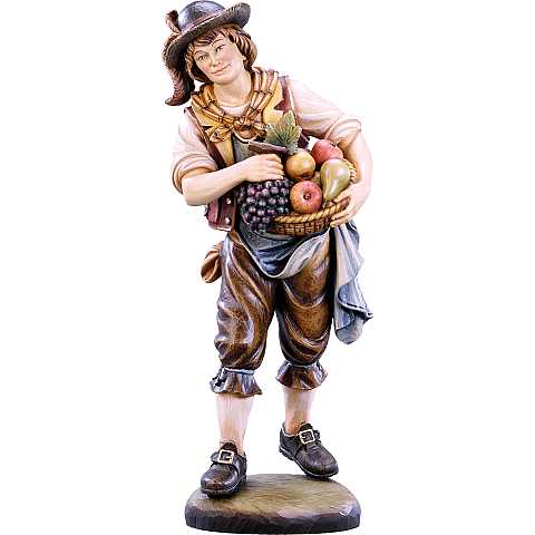 Ragazzo con frutta - Demetz - Deur - Statua in legno dipinta a mano. Altezza pari a 15 cm.