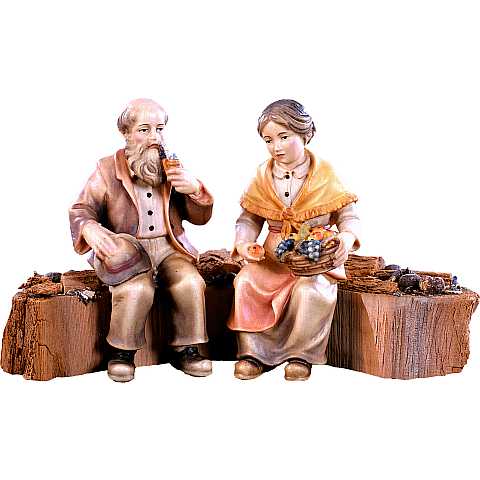 Coppia di nonni sul tronco per - Demetz - Deur - Statua in legno dipinta a mano. Altezza pari a 11 Cm - Demetz Deur