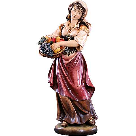 Donna con frutta - Demetz - Deur - Statua in legno dipinta a mano. Altezza pari a 10 cm.