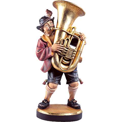 Statuina Suonatore di Tuba, Statua Musicista con Tuba, Legno Dipinto a Mano, Linea  50 cm.