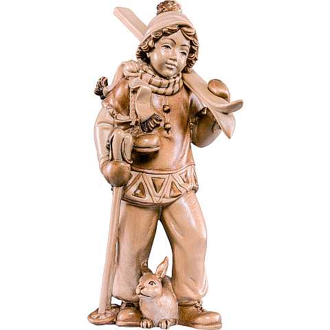 Ragazzo con sci - Demetz - Deur - Statua in legno dipinta a mano. Altezza pari a 15 cm.