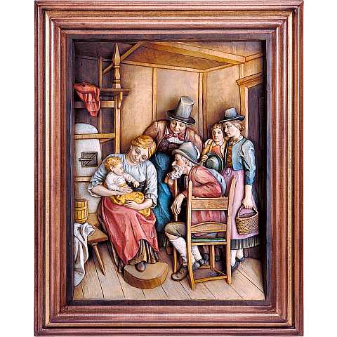 Bassorilievo ''Visita dei Nonni'' con Cornice, Quadretto in Legno Scolpito, Legno Dipinto a Mano, Dimensione: 38 Cm - Demetz Deur