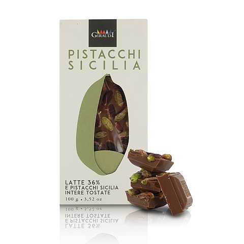 Tavoletta di cioccolato al latte 36% artigianale con pistacchi di Sicilia, 100 grammi, linea Le Toste
