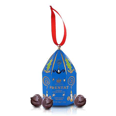 Confezione Regalo Blu, Decorazione per Albero di Natale con Tartufi di Cioccolato Fondente al Caramello e Sale Marino, Idea Regalo per Natale, 60 Grammi
