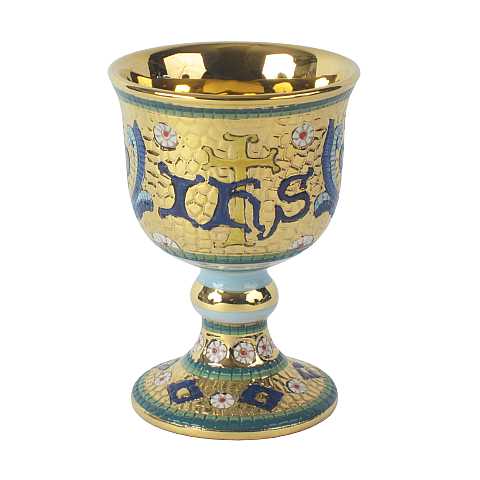 Calice con Simbolo Ihs ''Modello Bizantino'' Dipinto a Mano Su Coppa, Ceramica di Deruta, Oro e Azzurro, 15 Cm