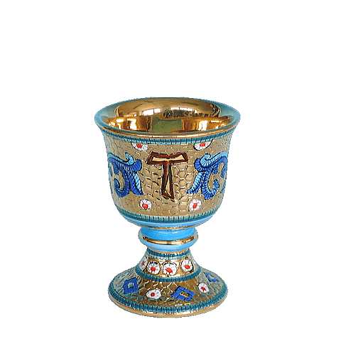 Calice con Simbolo Croce Tau ''Modello Bizantino'', Ceramica, Oro e Azzurro, 15 Cm