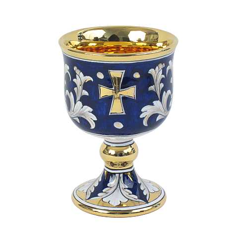 Calice con Croce, Ceramica di Deruta, Blu, Bianco e Oro, 15 Cm