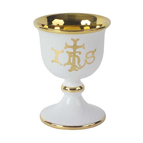 Sambuco Arte Sacra Calice in Ceramica di Deruta, Calice Liturgico Artigianale Realizzato in Italia a Deruta con Simbolo Ihs ''Modello Bianco e Oro'' - 15x11 cm