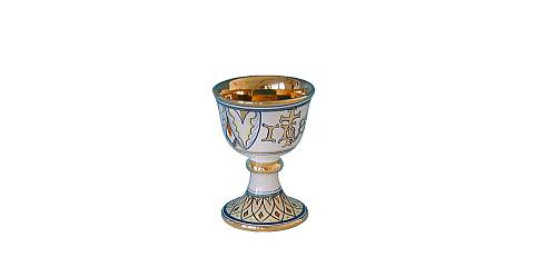 Sambuco Arte Sacra Calice in Ceramica di Deruta, Calice Liturgico Artigianale Realizzato in Italia a Deruta con Simbolo Ihs ''Modello Vario e Oro'' - 15 cm