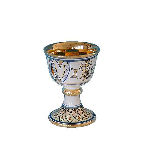Sambuco Arte Sacra Calice in Ceramica di Deruta, Calice Liturgico Artigianale Realizzato in Italia a Deruta con Simbolo Ihs ''Modello Vario e Oro'' - 15 cm
