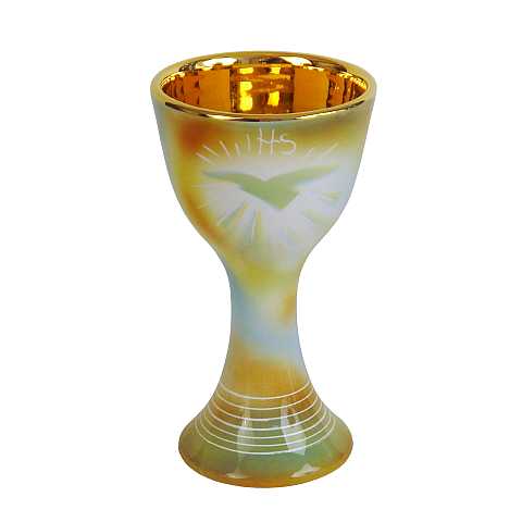 Sambuco Arte Sacra Calice in Ceramica di Deruta, Calice Liturgico Artigianale Realizzato in Italia a Deruta con Simbolo Ihs ''Modello Colomba Spirito Santo'' - 21 cm