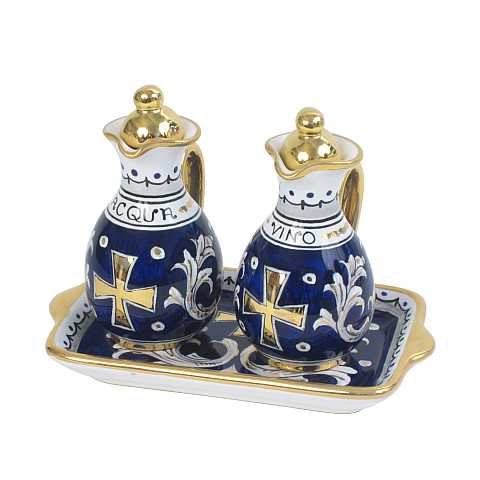 Ampolline Anfora in Ceramica di Deruta, Ampolle Artigianali di Deruta per Chiesa / Messa, con Simbolo Ihs - Modello Fondo blu e oro