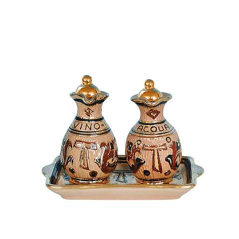 Ampolline Anfora in Ceramica di Deruta, Ampolle Artigianali di Deruta per Chiesa / Messa, con Simbolo Tau - Modello Deruta Marrone oro Graffito