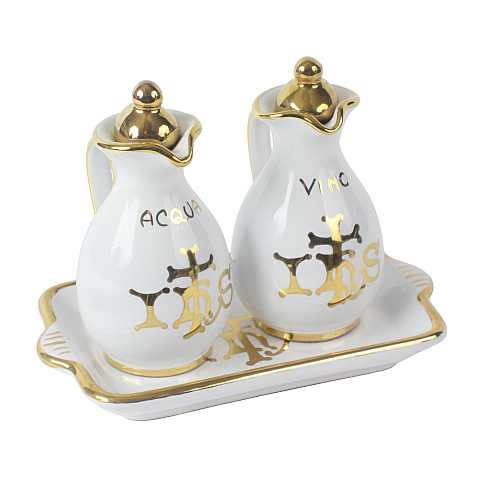 Ampolline Anfora in Ceramica di Deruta, Ampolle Artigianali di Deruta per Chiesa / Messa, con Simbolo Ihs - Modello Bianco oro