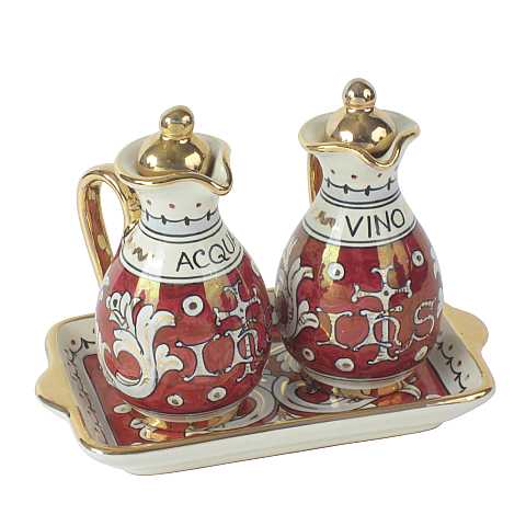 Ampolline Anfora in Ceramica di Deruta, Ampolle Artigianali di Deruta per Chiesa / Messa, con Simbolo Ihs - Modello Rubino e oro