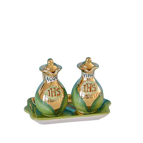 Ampolline Anfora in Ceramica di Deruta, Ampolle Artigianali di Deruta per Chiesa / Messa, con Simbolo Ihs - Modello tempo liturgico verde