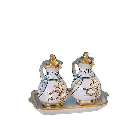 Ampolline Anfora in Ceramica di Deruta, Ampolle Artigianali di Deruta per Chiesa / Messa, con Simbolo Ihs - Modello Vario e oro