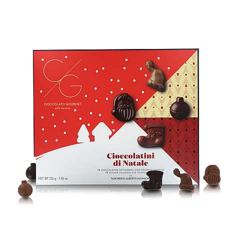 Scatola Di Cioccolatini Di Natale, 48 Cioccolatini Artigianali, Soggetti Natalizi In Confezione Regalo, 200 Grammi