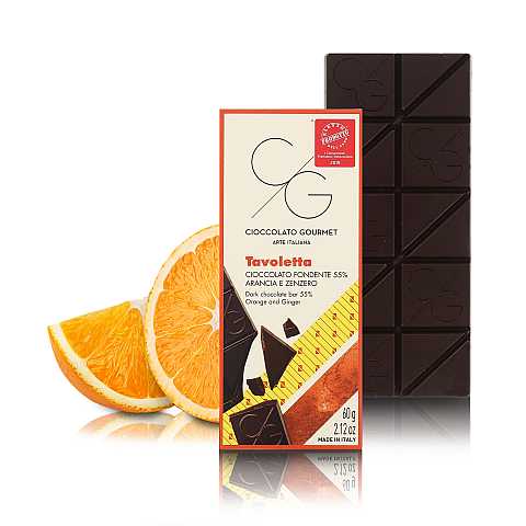 CG Tavoletta Di Cioccolato Gourmet, Cioccolato Fondente 55% All'Arancia e Zenzero, 60 Grammi