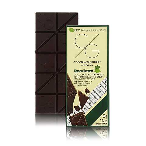 Tavoletta Di Cioccolato Gourmet, Cioccolato Fondente 55% Senza Zuccheri Aggiunti Con Stevia, 60 Grammi