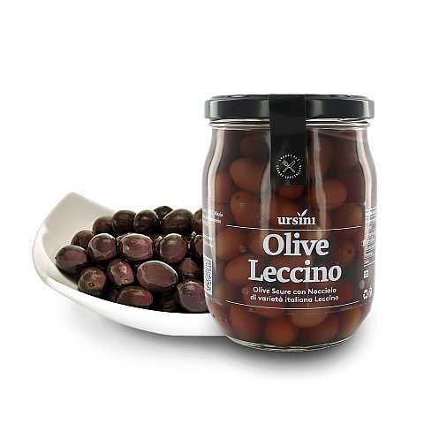 Olive Leccino in Salamoia, Olive Scure Leccino con Nocciolo, 550g, Peso Sgocciolato 330g