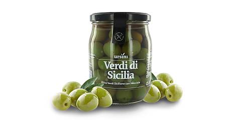 Olive Verdi Siciliane in Salamoia, Olive di Sicilia con Nocciolo, 550g, Peso Sgocciolato 330g