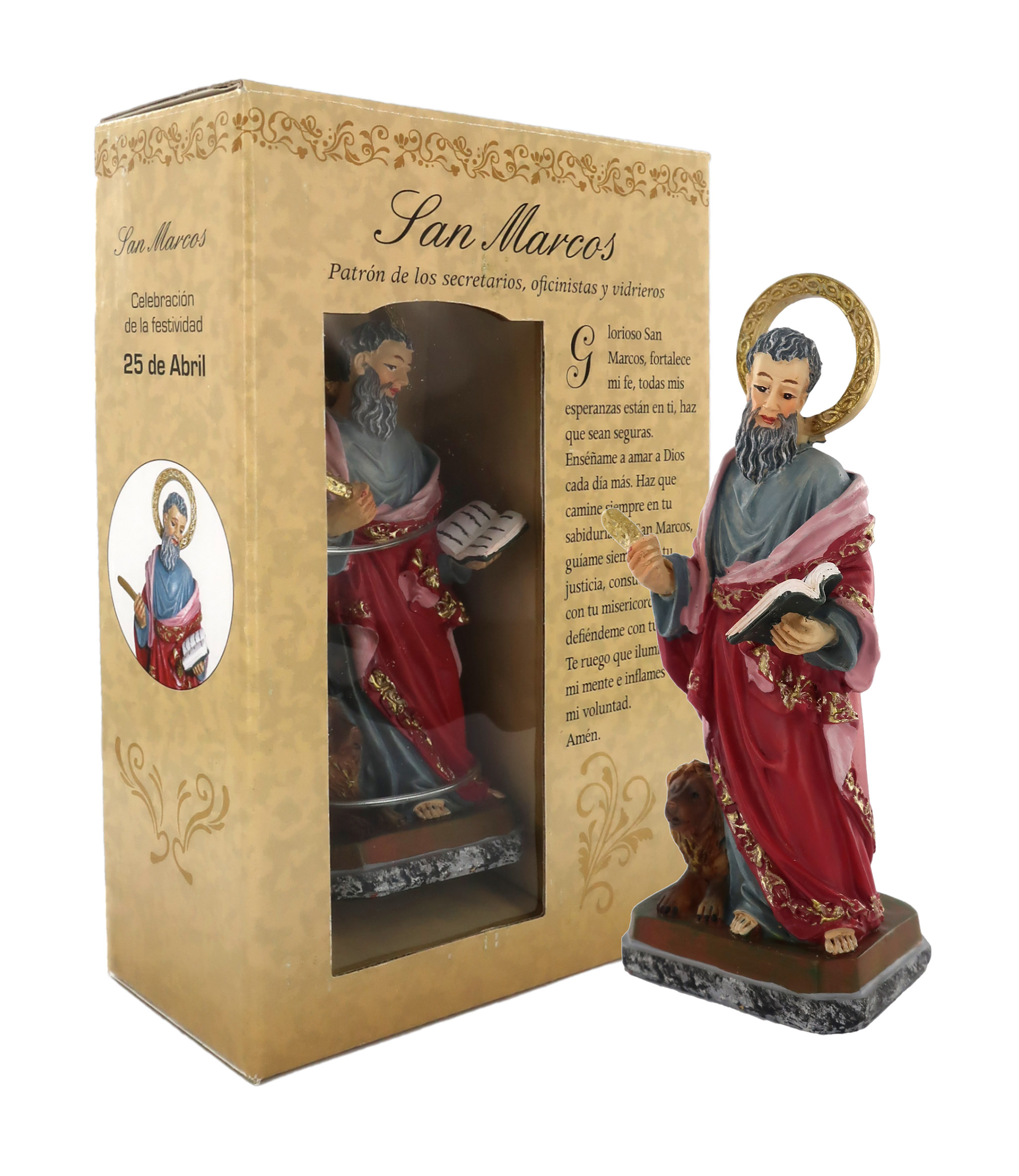 Statua di San Marco da 12 cm in Confezione Regalo con segnalibro in Versione Inglese 